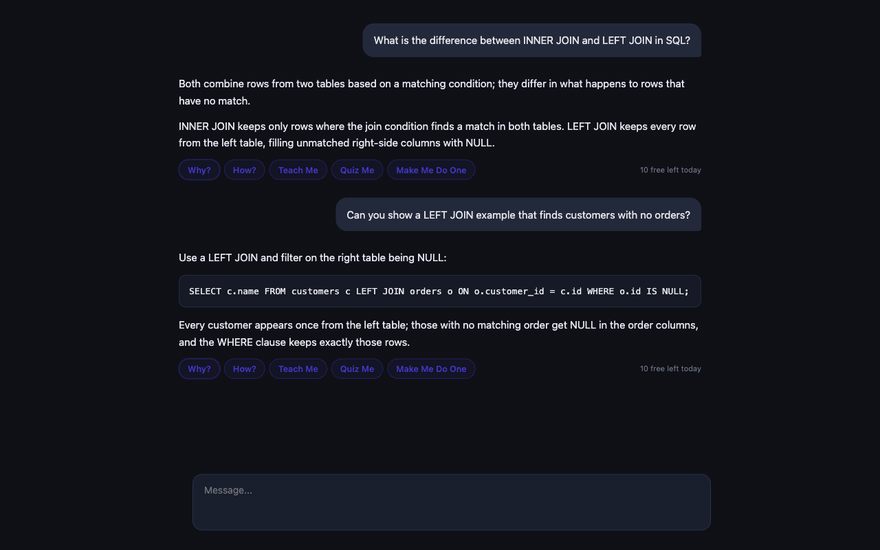 The real LearnLayer extension over a mock chat: the button row appears under an answer, Why? is clicked, the lesson loads and renders while the free counter ticks down